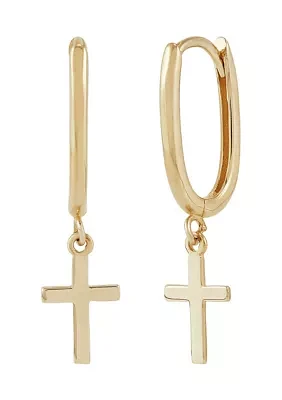 Huggie Earrings with Dangle Cross in 10K Yellow Gold