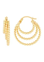 Triple Graduated Beaded Hoop Earrings in 10K Yellow Gold