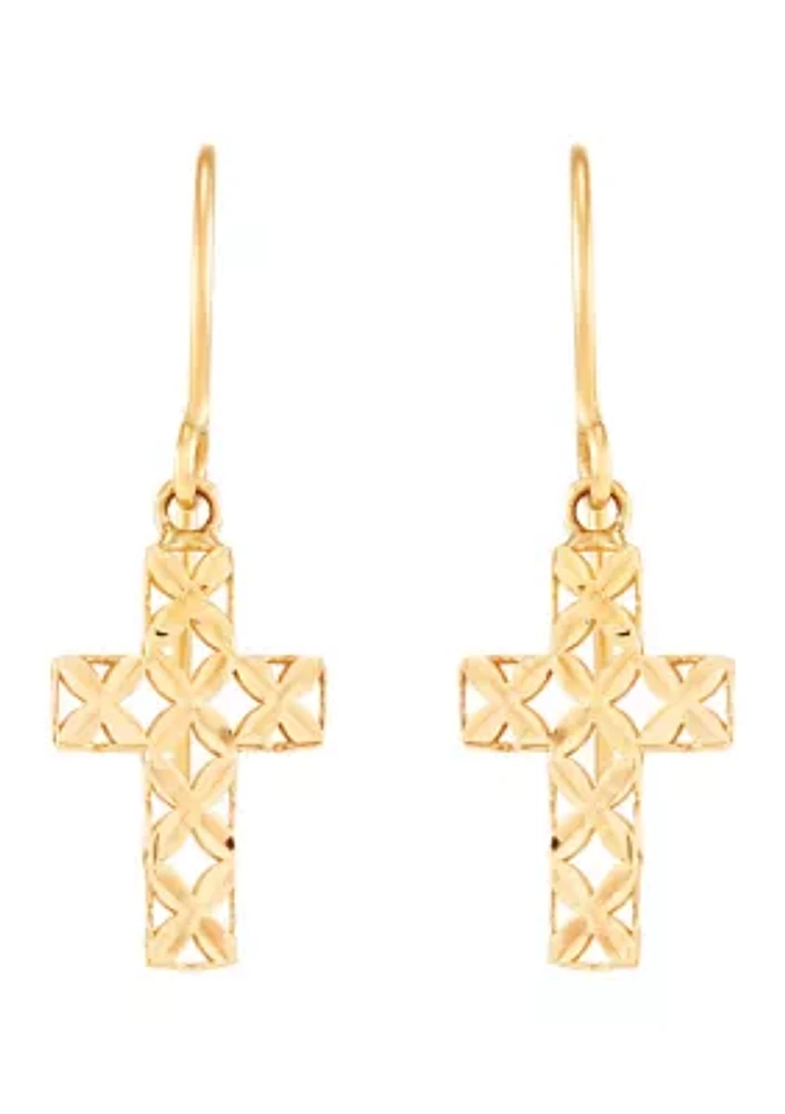 Pierced Cross Dangle Earringsi in 10K Yellow Gold