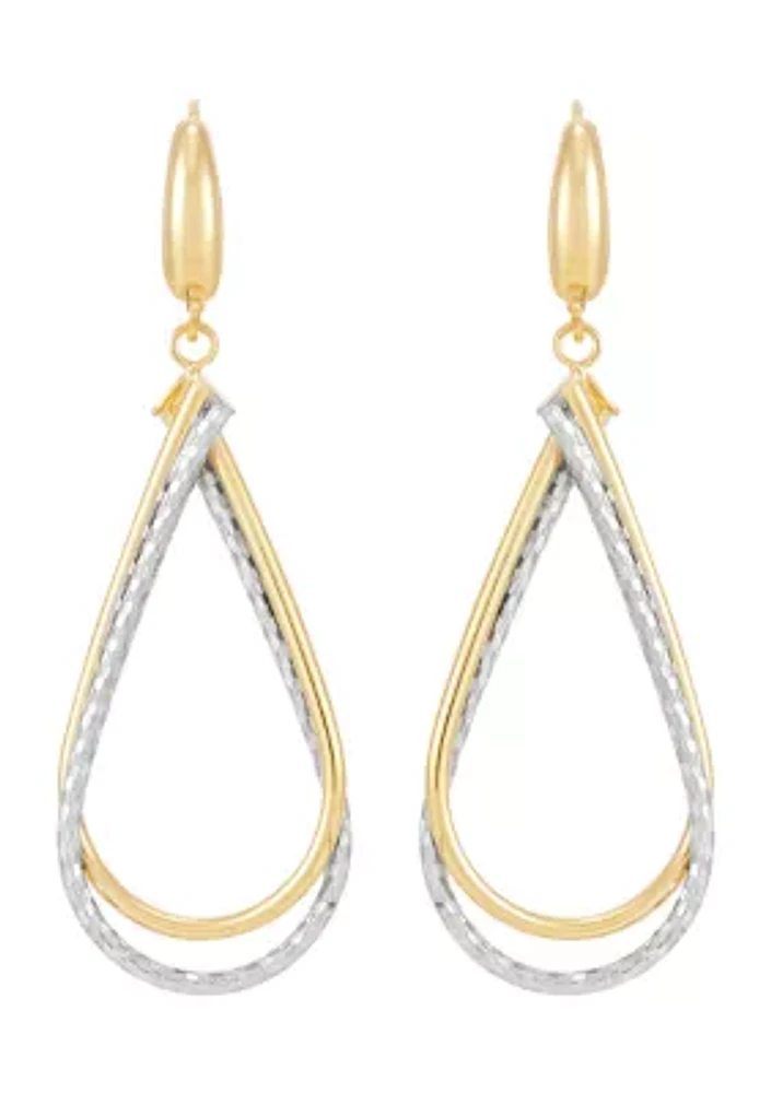 Double Rows Teardrop Dangle Earrings in 10K Yellow and White Gold