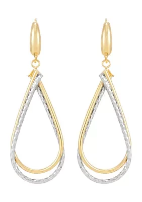 Double Rows Teardrop Dangle Earrings in 10K Yellow and White Gold