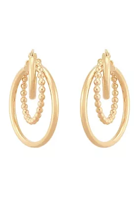 Beaded and Round Tubing 3 Row Grad Hoop Earrings in 10K Yellow Gold