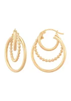 Beaded and Round Tubing 3 Row Grad Hoop Earrings in 10K Yellow Gold