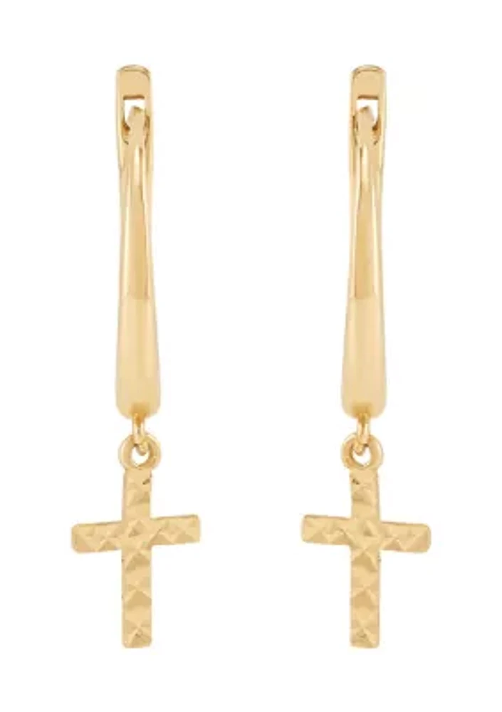 Dangling Cross Hoop Earrings in 10K Yellow Gold