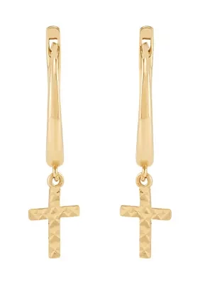 Dangling Cross Hoop Earrings in 10K Yellow Gold