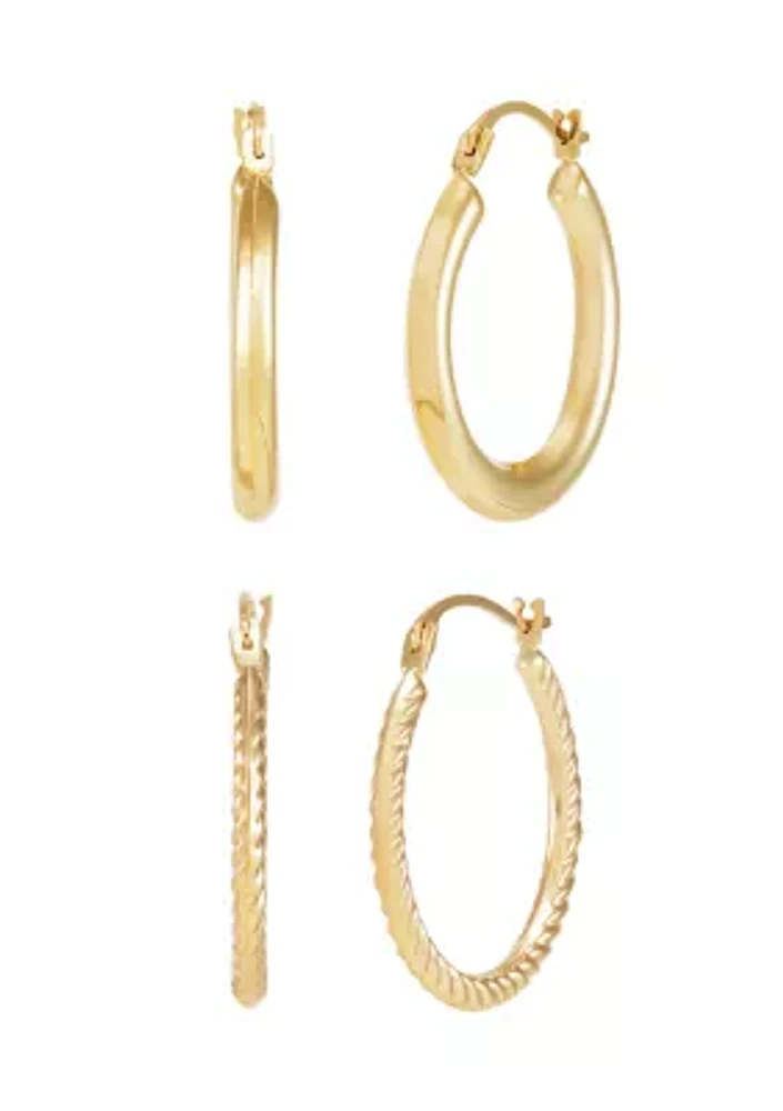 Round Hoop and Shrimp Hoop Earrings Set in 10K Yellow Gold