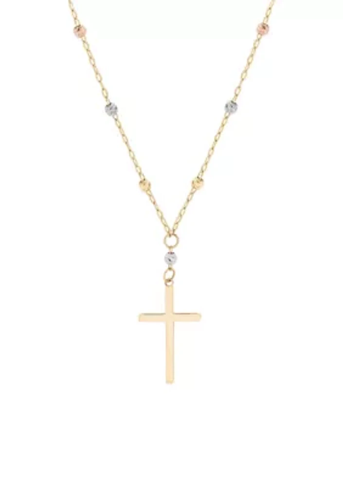 Cross Bead Chain Necklace in 10k Tri-Tone