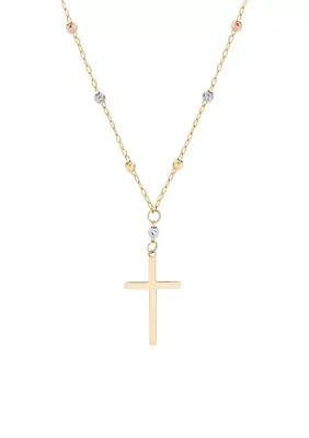 Cross Bead Chain Necklace in 10k Tri-Tone