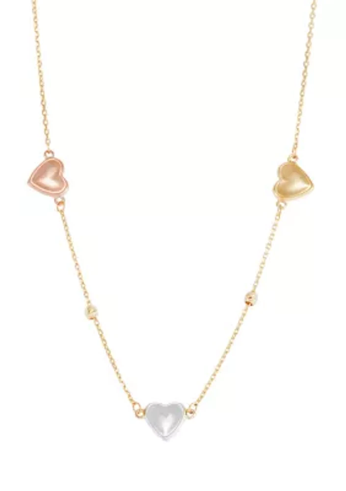 3 Heart & Beads Station Necklace in 10K Tri-Tone Gold