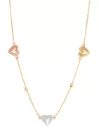 3 Heart & Beads Station Necklace in 10K Tri-Tone Gold