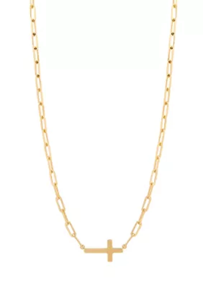 10K Yellow Gold Sideway Cross Paperclip Chain Necklace 