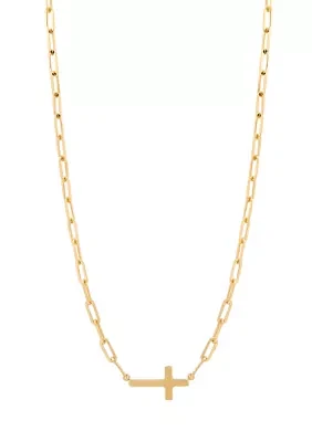 10K Yellow Gold Sideway Cross Paperclip Chain Necklace 