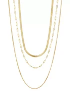 Layerd Paperclip, Herringbone and Curb Necklace in 10K Yellow Gold