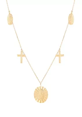 Virgin Medal and Cross Drop Necklace in 10K Yellow Gold