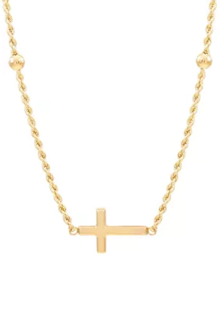 Beades Station on Rope Chain with Center Cross Necklace in 10K Yellow Gold