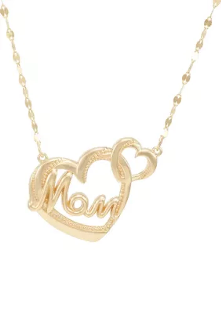 Mom Heart on Mirror Chain Necklace in 10K Yellow Gold