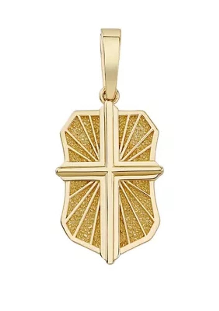 Texture Medal with Center Cross Pendant Necklace with 20" Curb Chain in 10K Yellow Gold