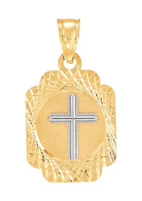 Fancy Tag with Center Cross Pendant in 10K Yellow and White Gold