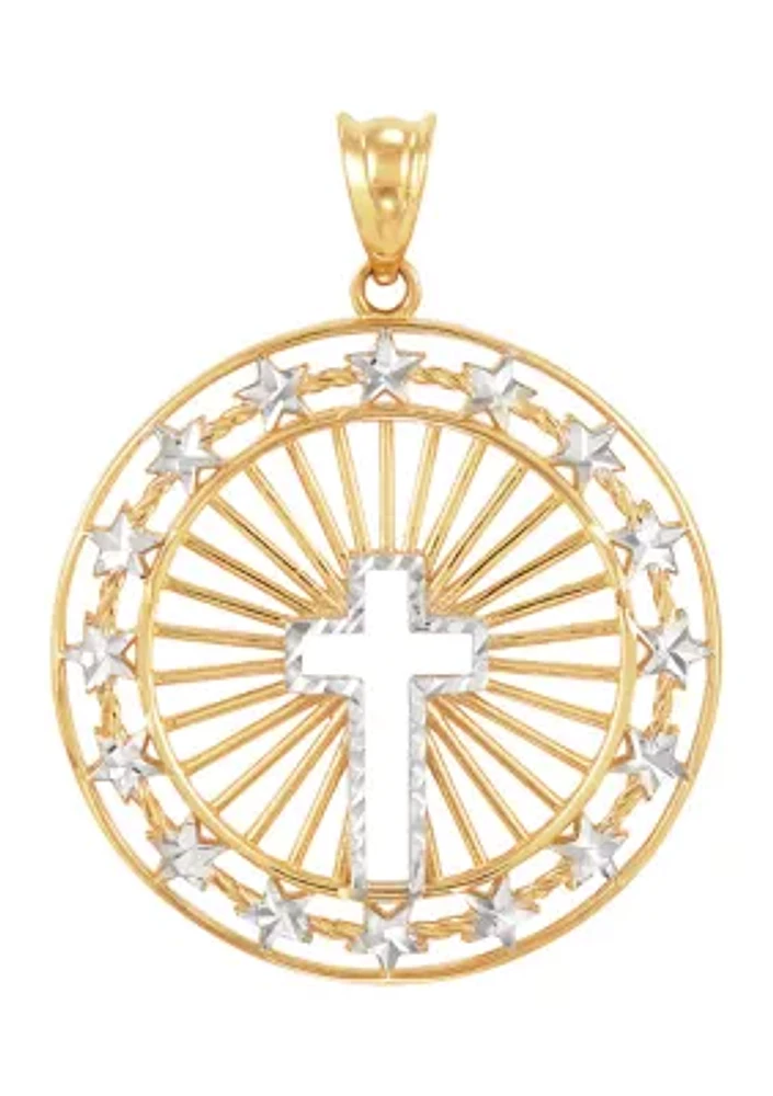 Round Shape with Cross Center Pendant in 10K Yellow and White Gold