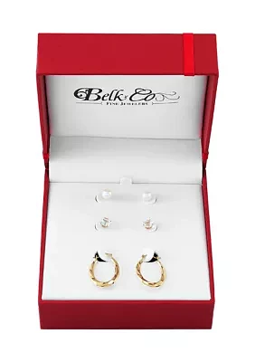 Pearl and White Topaz Hoop and Stud Earring Set in 10K Yellow Gold