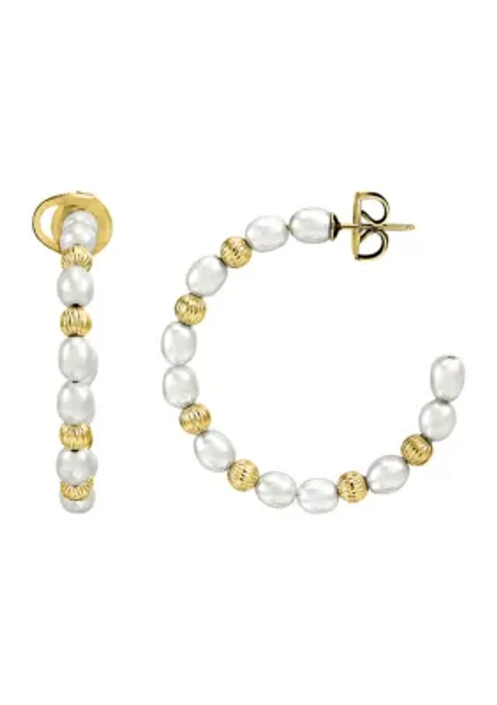 5 Millimeter White Oval Pearl with Beads Hoop Earrings in Gold Over Sterling Silver