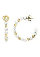 5 Millimeter White Oval Pearl with Beads Hoop Earrings in Gold Over Sterling Silver