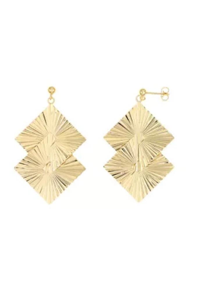 Ribbed Double Diamond Shape Ballpost Drop Earrings in Gold Over Silver