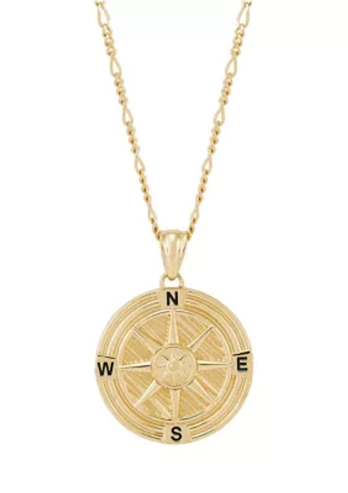 Compass Pendant Necklace with 22" Figaro Chain in Gold Over Sterling Silver