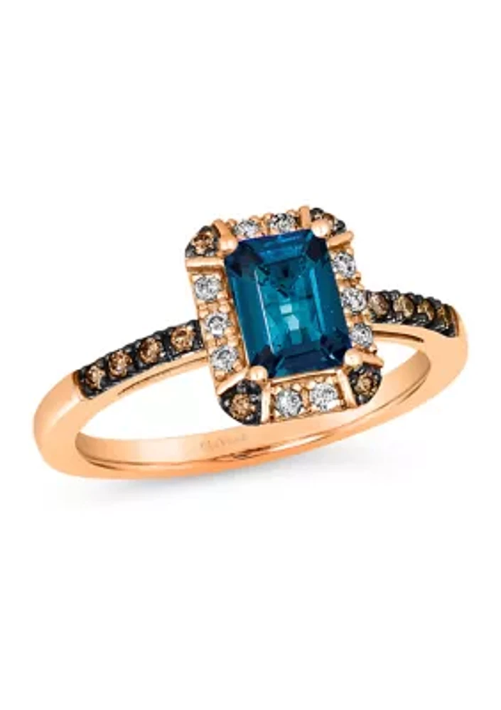 1.33 ct. t.w. Deep Sea Blue Topaz™, 1/10 Nude Diamonds™, Chocolate Diamonds® Ring 14K Strawberry Gold®