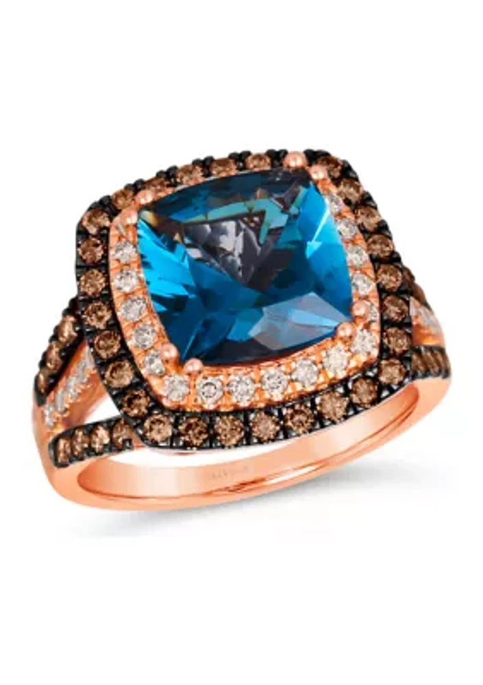 Ring featuring 4.5 ct. t.w. Deep Sea Blue Topaz™, 5/8 Chocolate Diamonds®, 1/3 Nude Diamonds™ 14K Strawberry Gold®