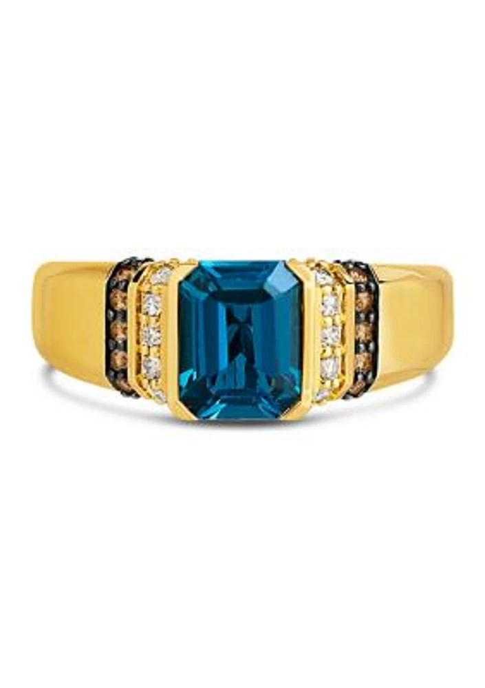 Ring featuring 2.5 ct. t.w. Deep Sea Blue Topaz™, 1/8 ct. t.w. Chocolate Diamonds®, and 1/4 ct. t.w. Nude Diamonds™ in 14K Honey Gold™