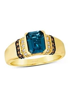 Ring featuring 2.5 ct. t.w. Deep Sea Blue Topaz™, 1/8 ct. t.w. Chocolate Diamonds®, and 1/4 ct. t.w. Nude Diamonds™ in 14K Honey Gold™