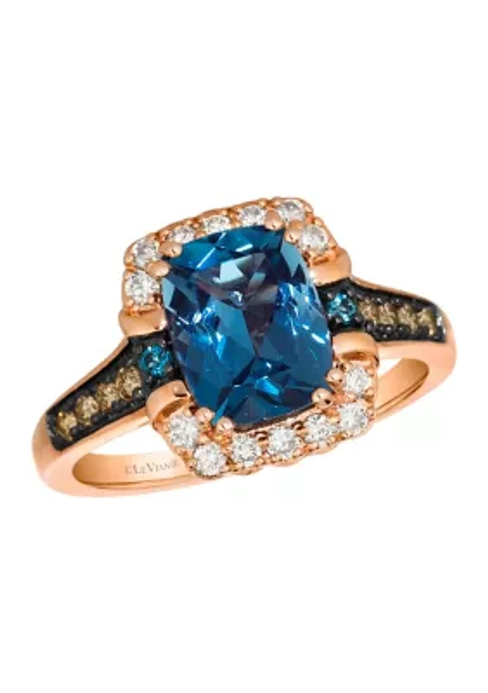 2.25 ct. t.w. Deep Sea Blue Topaz™, 1/8 ct. t.w. Chocolate Diamonds®, 1/5 ct. t.w. Nude Diamonds™ Ring in 14K Strawberry Gold®