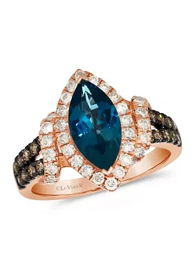 1.75 ct. t.w. Deep Sea Blue Topaz™, 1/2 ct. t.w. Nude Diamonds™, 1/4 ct. t.w. Chocolate Diamonds® Ring in 14K Strawberry Gold®