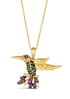 10 ct. t.w. Raspberry Rhodolite®, 1/20 ct. t.w. Grape Amethyst™, ct. t.w. Blueberry Sapphire™, 1/8 ct. t.w. Forest Green Tsavorite™, 1/20 ct. t.w. Nude Diamonds™ Bird Pendant Necklace in 14K Honey Gold™