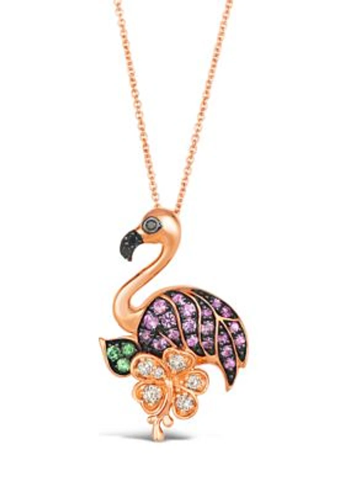 3/8 ct. t.w. Bubble Gum Pink Sapphire™, 1/10 ct. t.w. Forest Green Tsavorite™, 1/5 ct. t.w. Nude Diamonds™, 1/20 ct. t.w. Blackberry Diamonds® Flamingo Pendant Necklace in 14K Strawberry Gold®