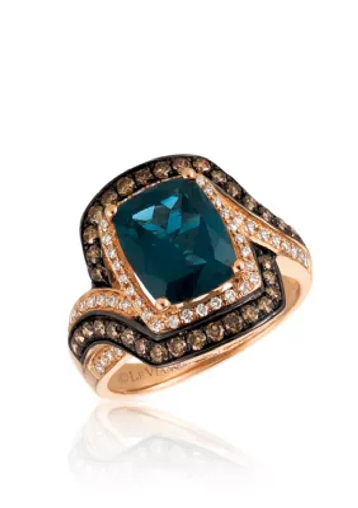 Deep Sea Blue Topaz™ with Vanilla Diamonds® and Chocolate Ring 14K Strawberry Gold®