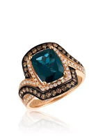 Deep Sea Blue Topaz™ with Vanilla Diamonds® and Chocolate Ring 14K Strawberry Gold®