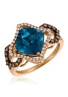 3.4 ct. t.w. Deep Sea Blue Topaz™, 1/4 ct. t.w. Chocolate Diamonds®, 1/6 ct. t.w. Vanilla Diamonds®  Chocolatier® Ring in 14K Strawberry Gold®