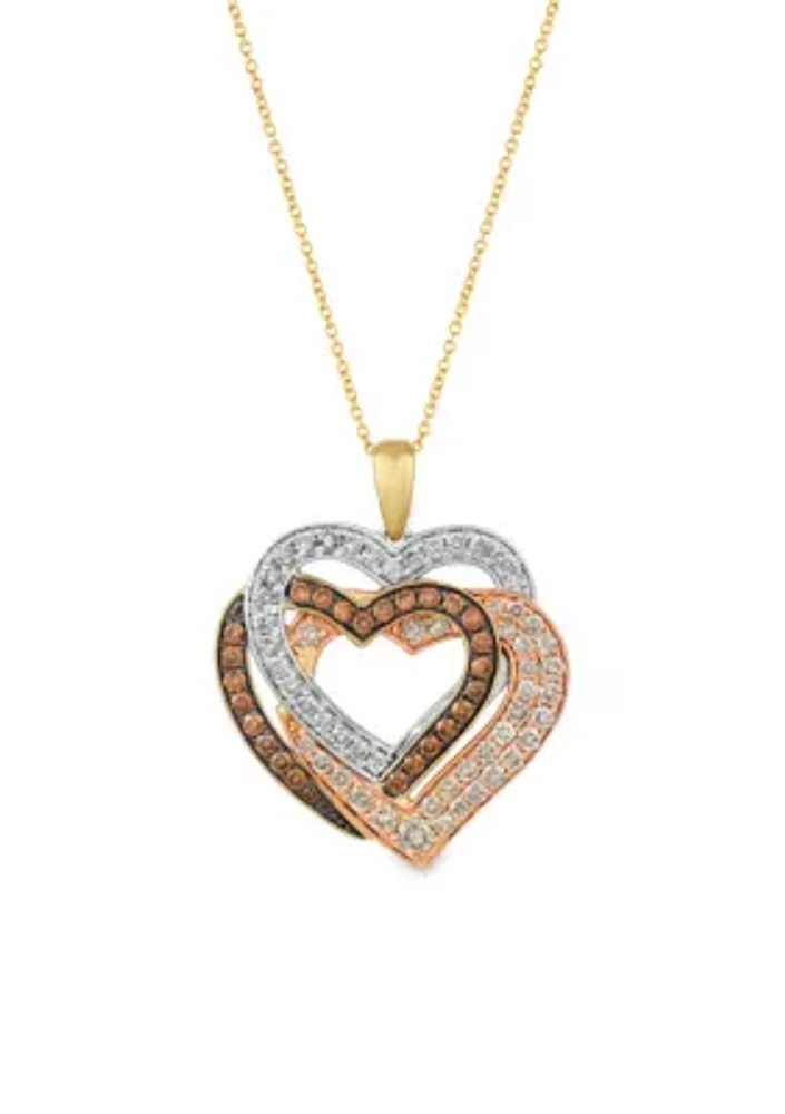 Creme Brulee® 5/8 ct. t.w. Chocolate Diamonds®, 5/8 ct. t.w. Nude Diamonds™ Stacked Heart Pendant Necklace in 14k Tri-Color Gold