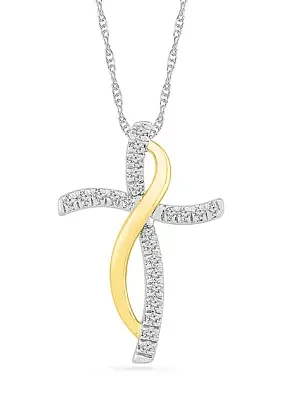 1/8 ct. t.w. 10k Yellow Gold and Sterling Silver Cross Pendant Necklace