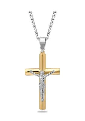 Rounded Crucifix Pendant Necklace in Two-Tone Stainless Steel