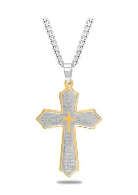 The Lord's Prayer Cross Pendant Necklace in Two-Tone Stainless Steel