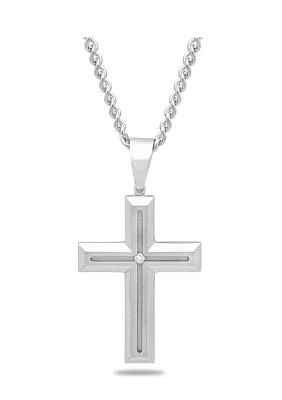  Diamond Accent Beveled Cross Pendant Necklace in Stainless Steel