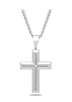  Diamond Accent Beveled Cross Pendant Necklace in Stainless Steel