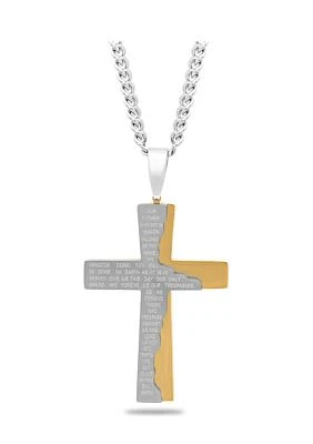 The Lord's Prayer Tablet Cross Pendant Necklace in Two-Tone Stainless Steel