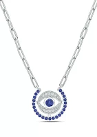 1/10 ct. t.w. Diamond and 7/8 ct. t.w. Created Blue Sapphire Evil Eys Paper Clip Necklace In Sterling Silver