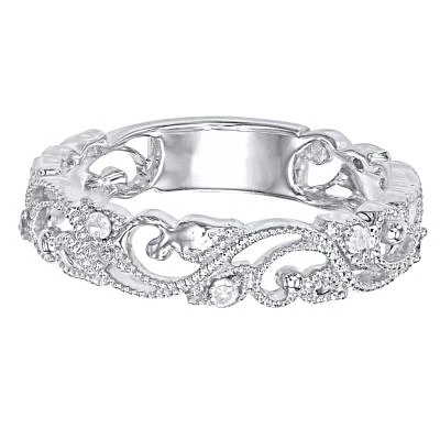 1/10 CTTW Diamond Vintage Look band Rhodium Plated SterlingSilver