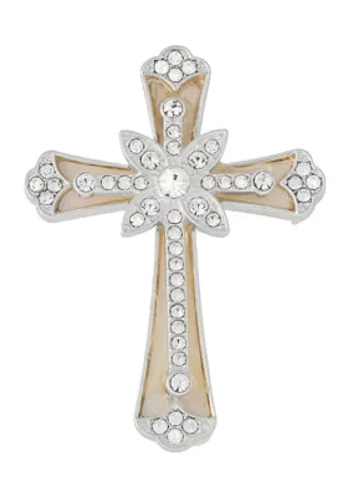 Silver Tone White Crystal Cross Pin - Boxed