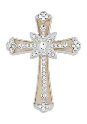 Silver Tone White Crystal Cross Pin - Boxed